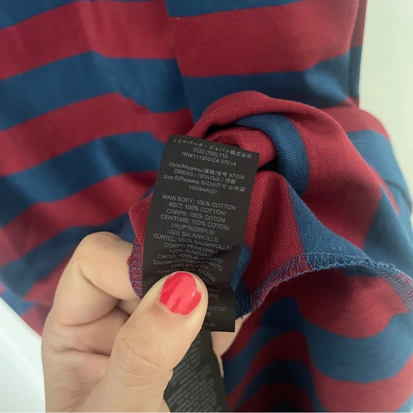 Tory Burch Logo-Belted Striped Midi-Dress Red Navy - Picture 9 of 10